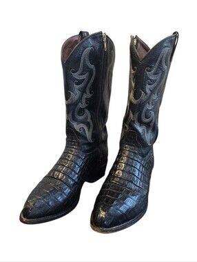 Tony Lama Men's Black Exotic Caiman Hornback Leather Cowboy Boots 10.5